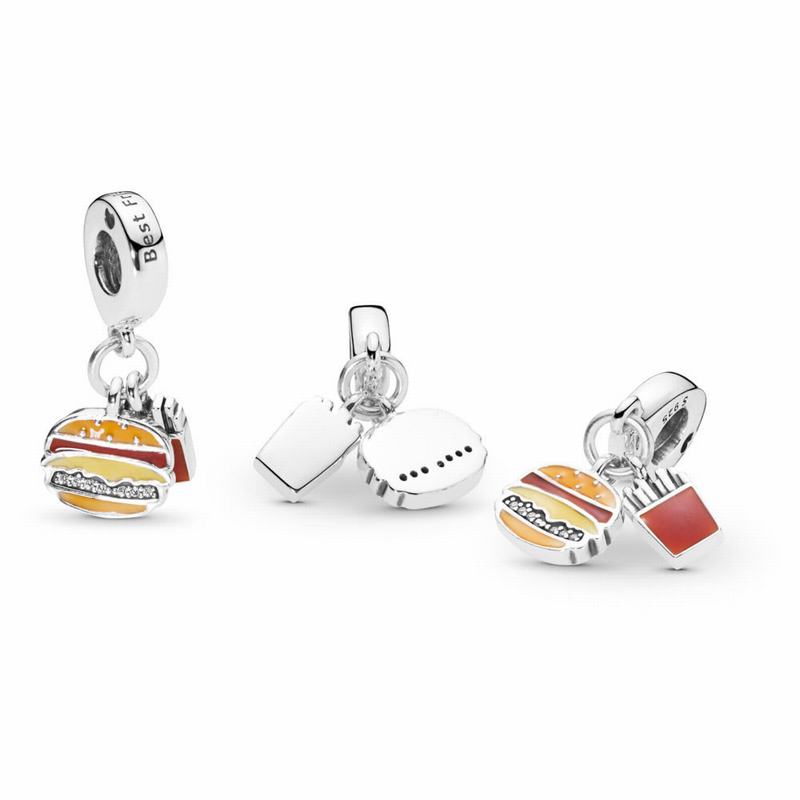 Pandora Burger & Fries Dangle Charm Ireland - Sterling Silver/Enamel/Orange/Cubic Zirconia - 582960M